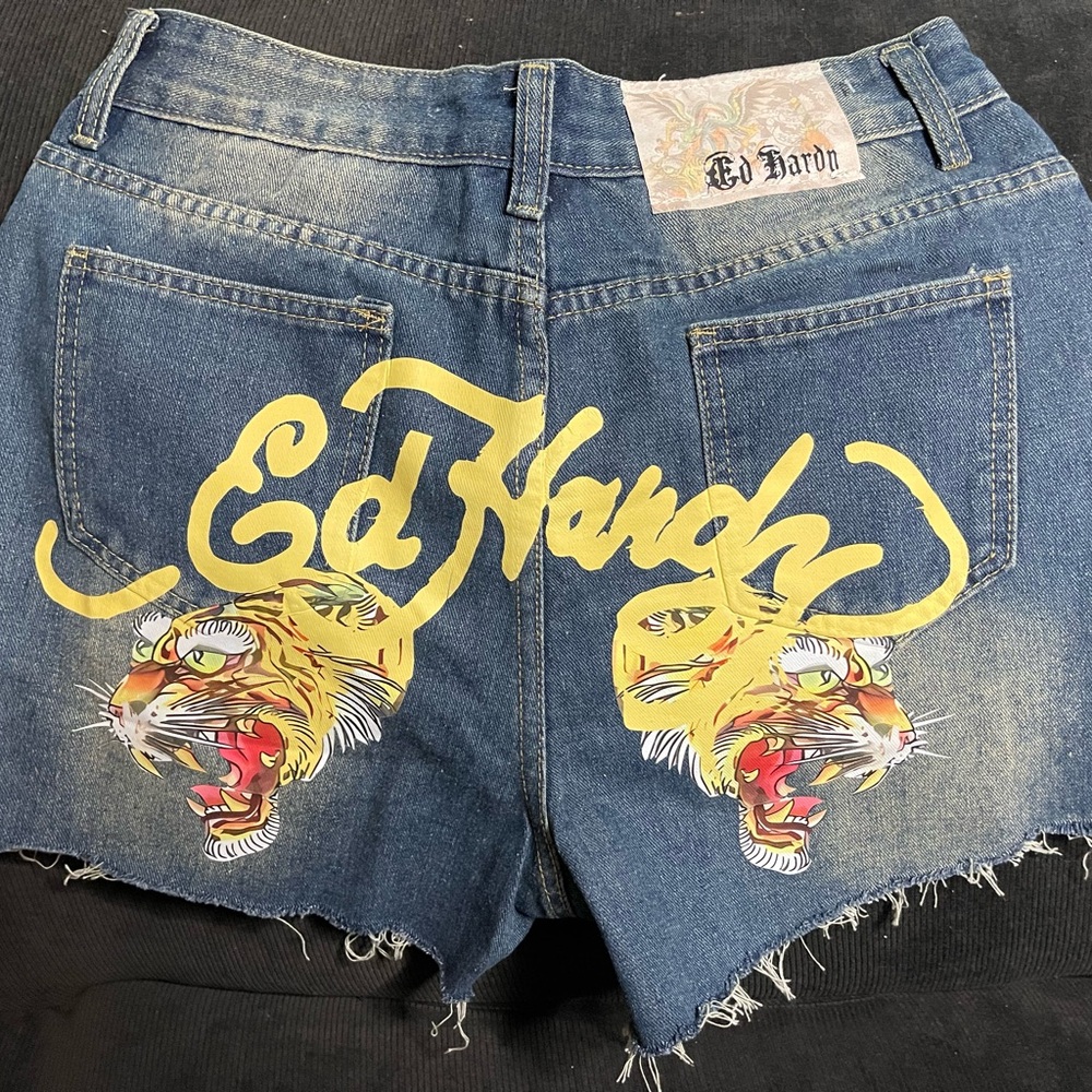 Ed Hardy Women's Blue Denim Shorts Screaming Tiger Print